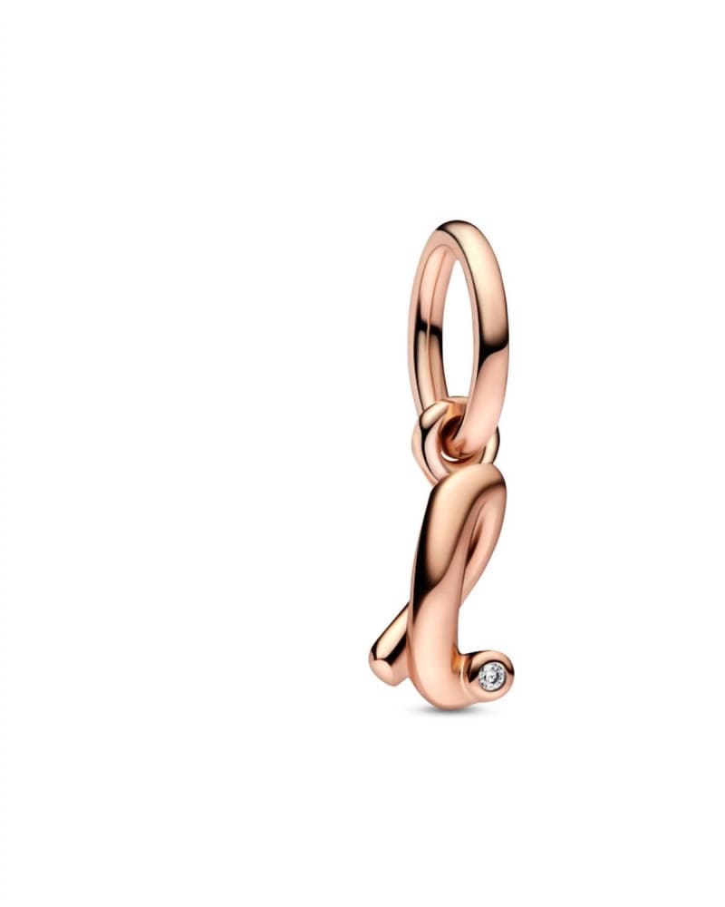 Front of a size O/S Letter L Script Alphabet Dangle Charm in Rose Gold in Rose Gold by Pandora. | dia_product_style_image_id:329734